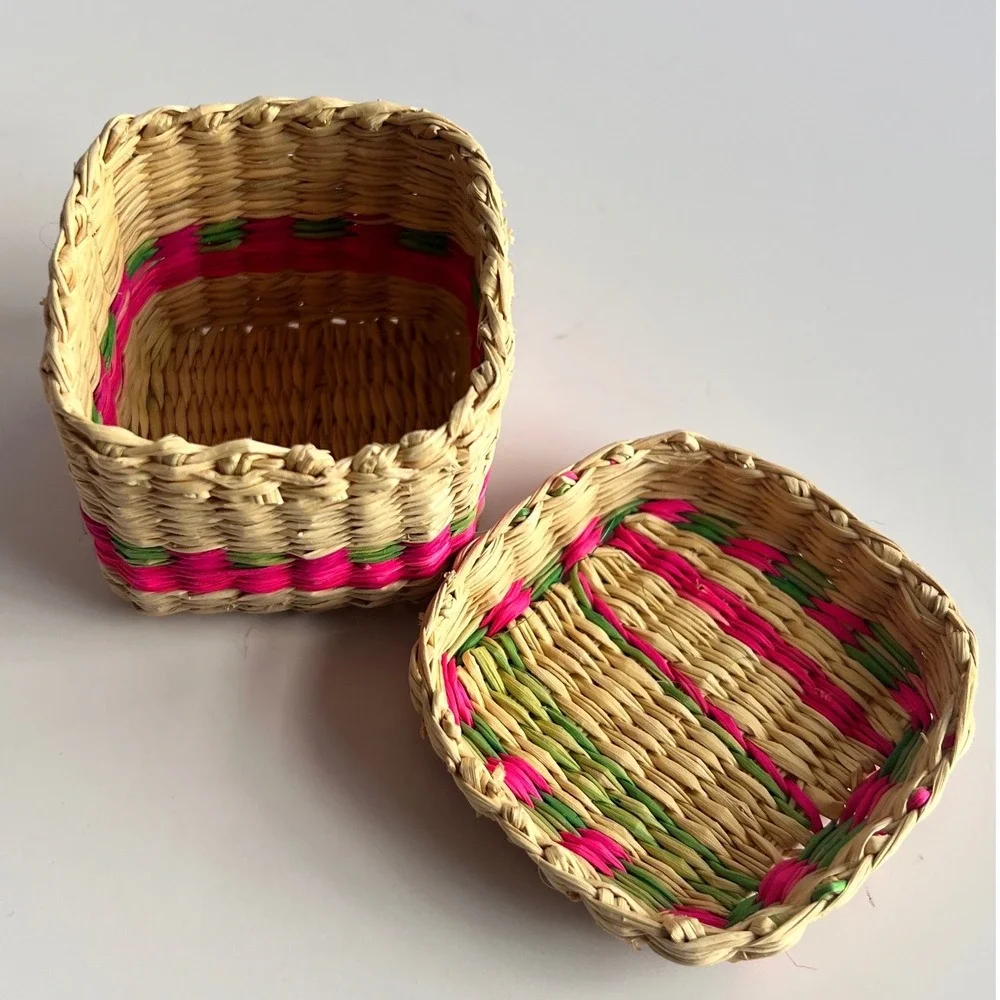 Vintage Miniature Woven Straw Trinket Baskets Set of 2 Boho Folk Art Boxes